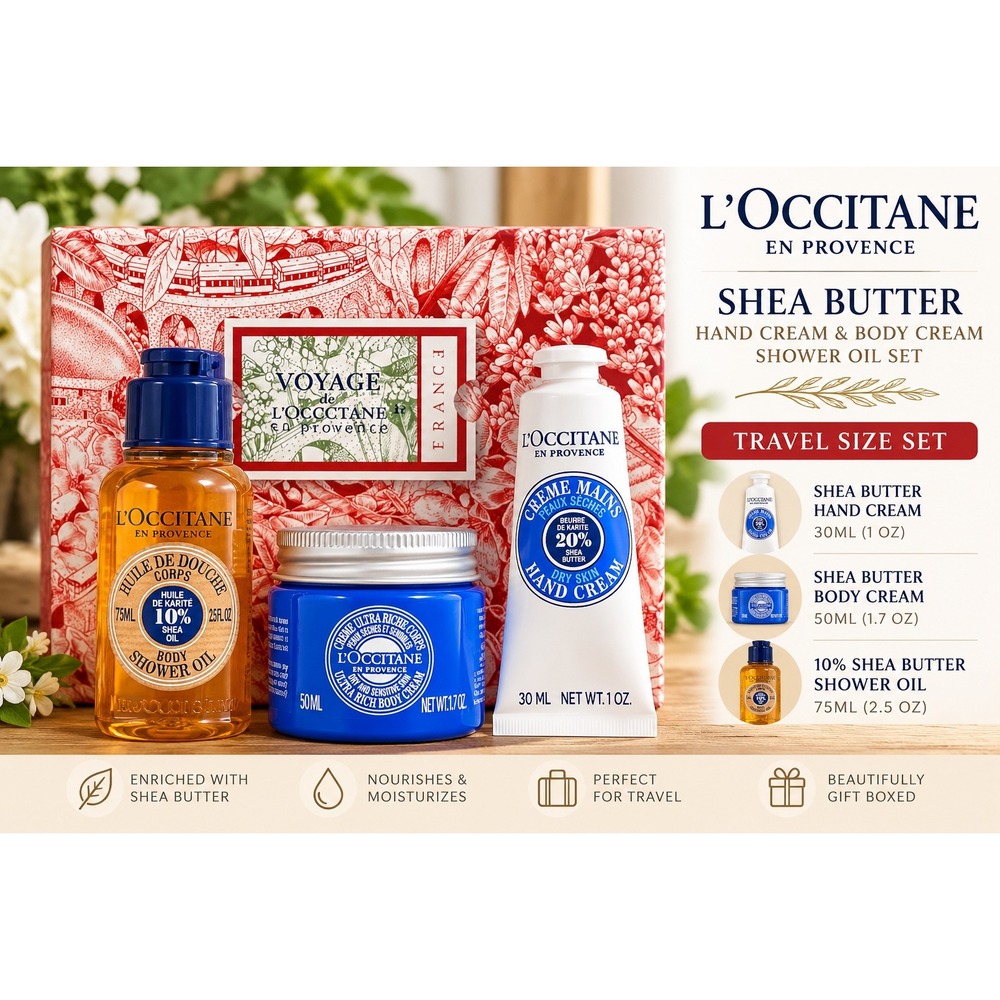 L'Occitane Shea Butter 3-Pc Gift Set Hand Cream Body Cream Shower Oil NEW